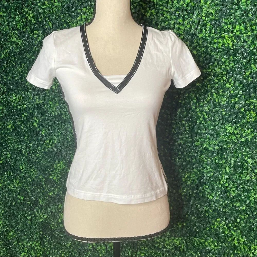 Escada Sport White Rhinestone Black Trim Top Sz S